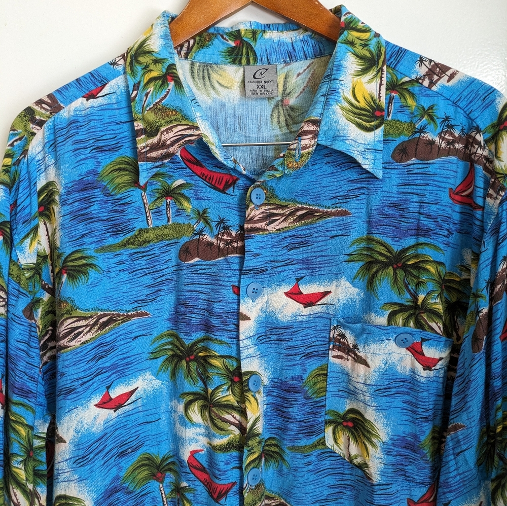 Claudio Nucci Hawaiian Button Down Tropical Palm Trees Shirt Blue Red XXL